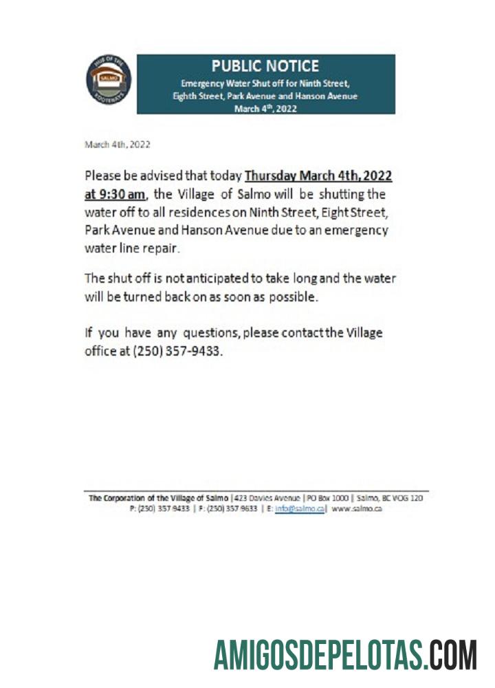 Aviso de desligamento do centro da Colúmbia Britânica do Canadá da concessionária Salmo Kootenays exemplo real